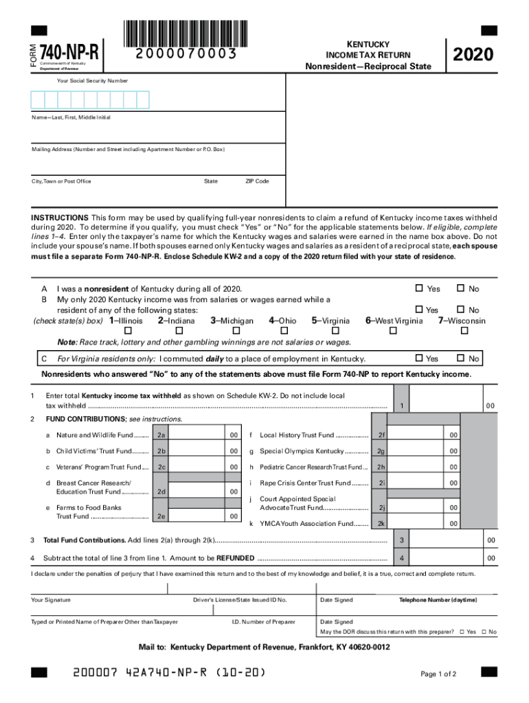  Kentucky Form 740 NP R Kentucky Income Tax Return 2020