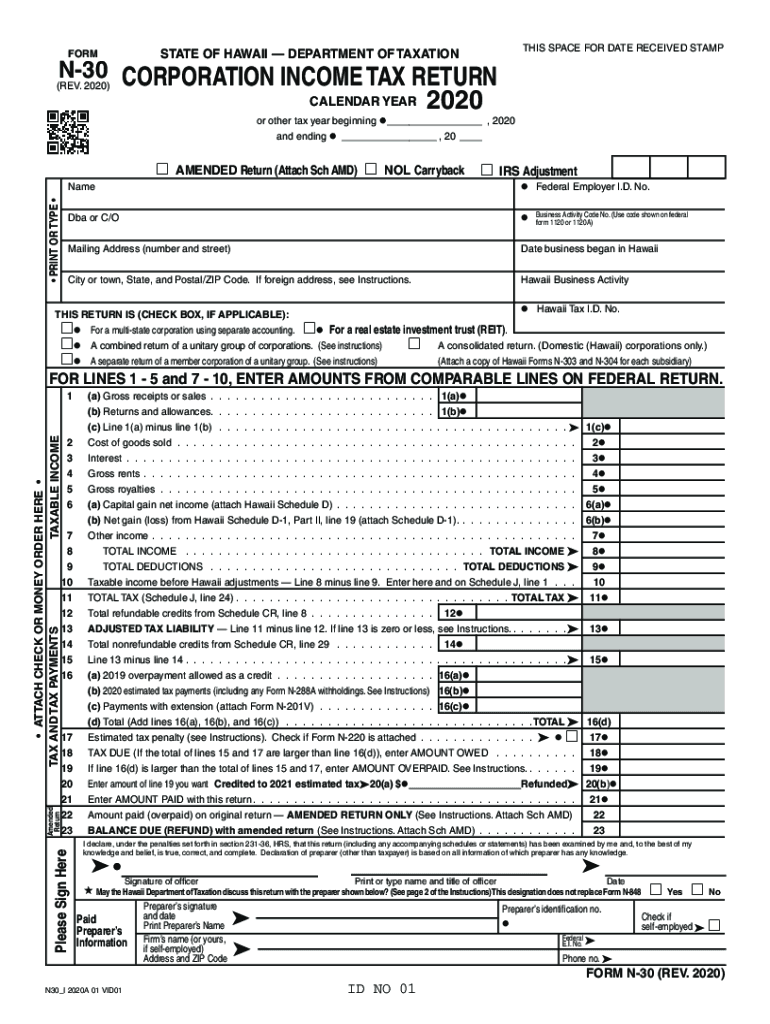  Form N 30, Rev , Corporation Income Tax Return Forms Fillable 2020