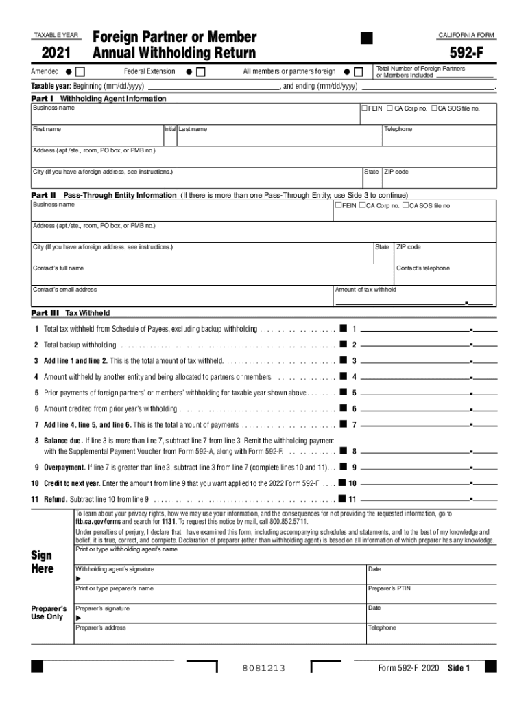  California Form 592 F Foreign Partner or Member Annual Return 2021