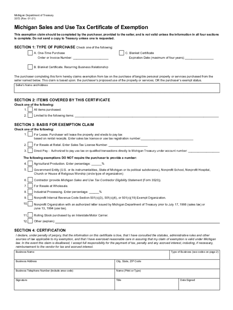  Form 3372 Michigan Sales and Use Tax Certificate of 2021-2024