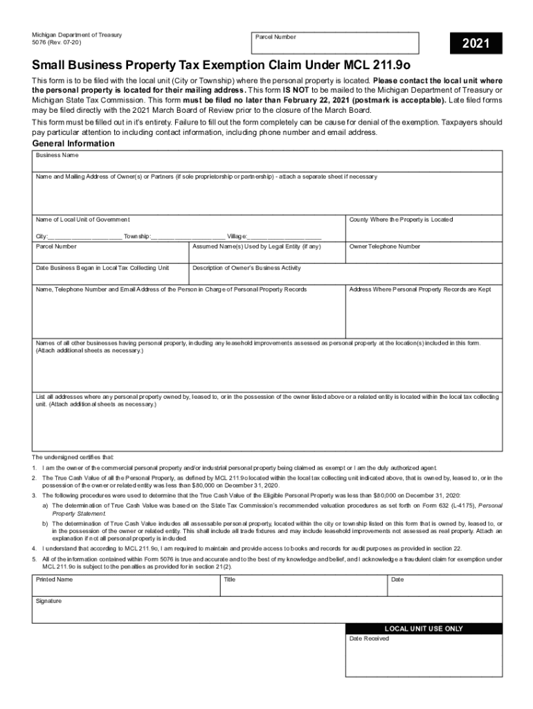  Form 5076 Small Business Property Tax Exemption Claim 2021