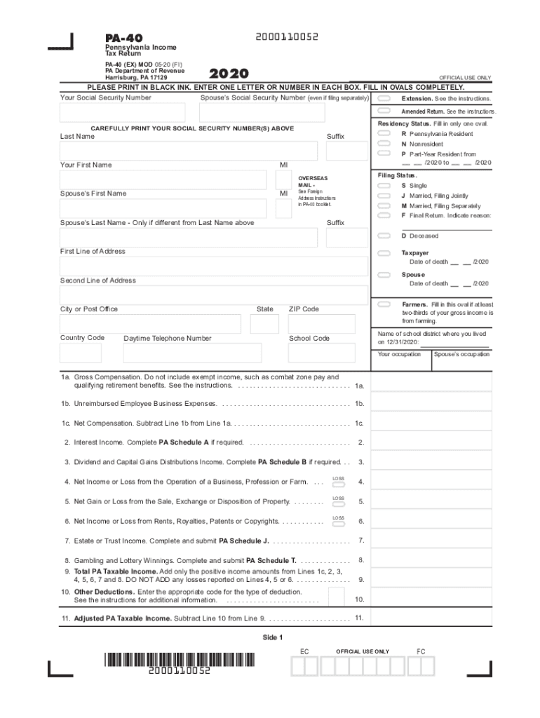  Pennsylvania Form PA 40 Pennsylvania Income Tax Return 2020