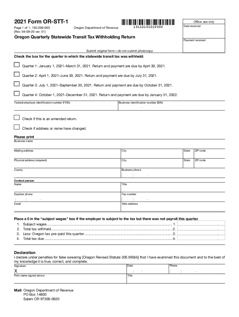  Form or STT 1, Oregon Quarterly Statewide Transit Tax Withholding Return, 150 206 003 2021