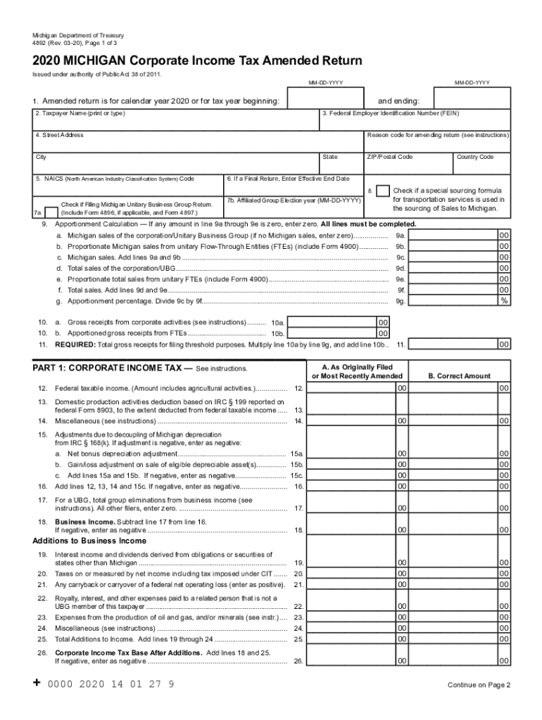  4892, Michigan Corporate Income Tax Amended Return 4892, Michigan Corporate Income Tax Amended Return 2020