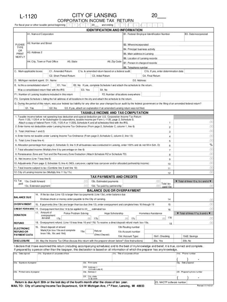  INSTRUCTIONS for FILING FORM L 1120, CORPORATION INCOME 2021-2024