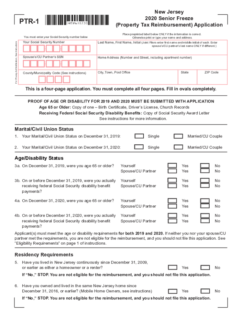  Property Tax Reimbursement Application, Form PTR 1 Property Tax Reimbursement Application, Form PTR 1 2020