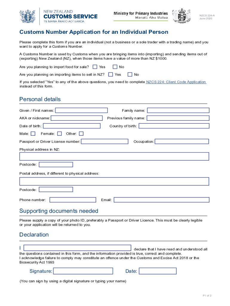 Customs Number Application for an Individual Person  Form