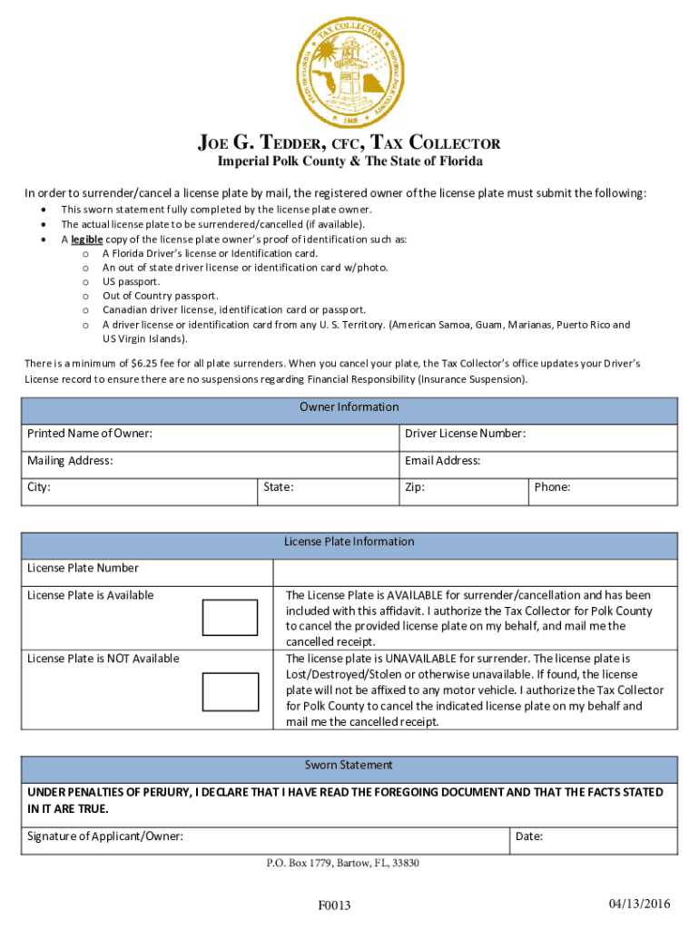 Joe G Tedder Tax Collector  Form