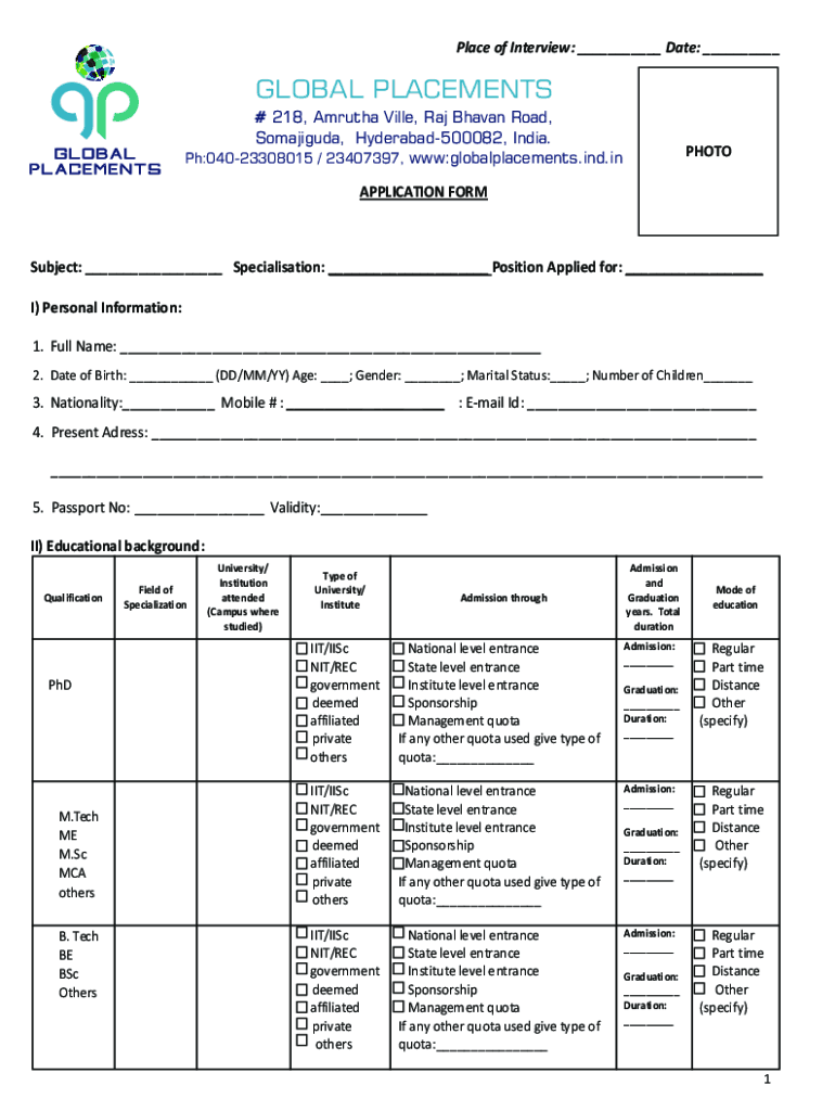 GLOBAL PLACEMENT APPLICATION FORM