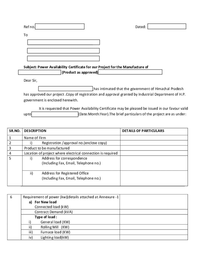 Power Availability Certificate Format