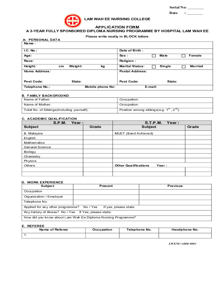 Lam Wah Ee Nursing College Intake  Form