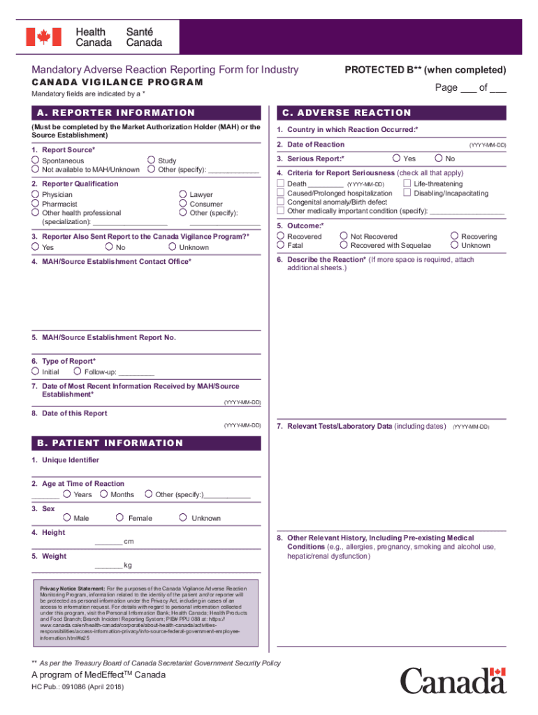  Mandatory Adverse Reaction Reporting Form for Canada Ca 2018-2024