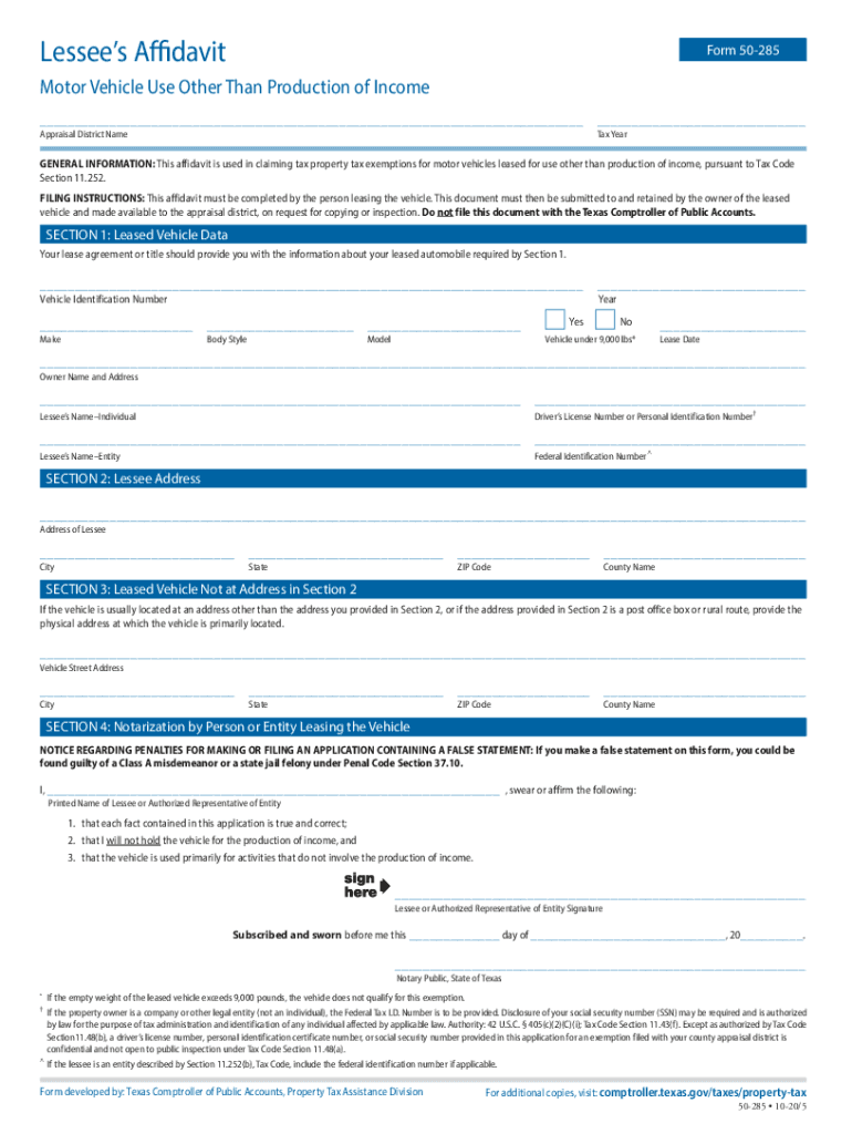  Lessees Affidavit for Motor Vehicle Use Other Than Production of Income Form 50 285 2020