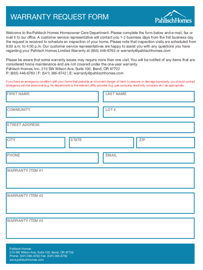 Pahlisch Homes Warranty  Form