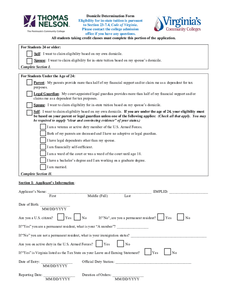 Domicile Determination Form Eligibility for in State