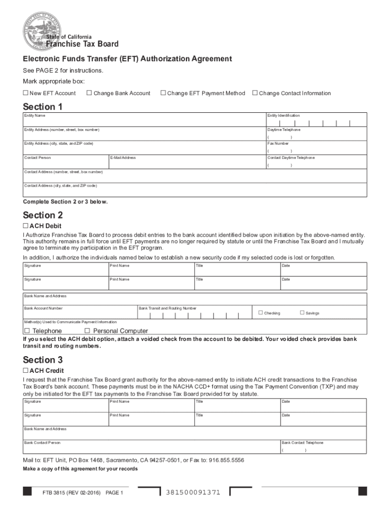 Form 3815 Authorization Agreement for Electronic Funds Transfer EFT