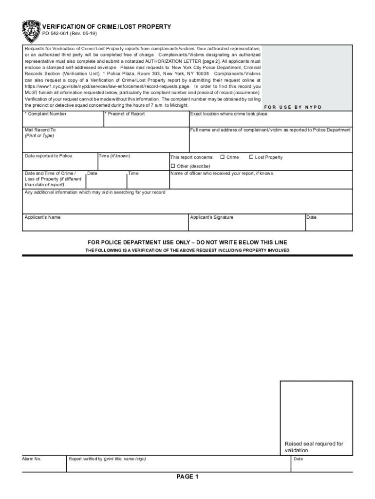 PDF PD 542 061 Verification of Crime Lost Property NYC Gov  Form