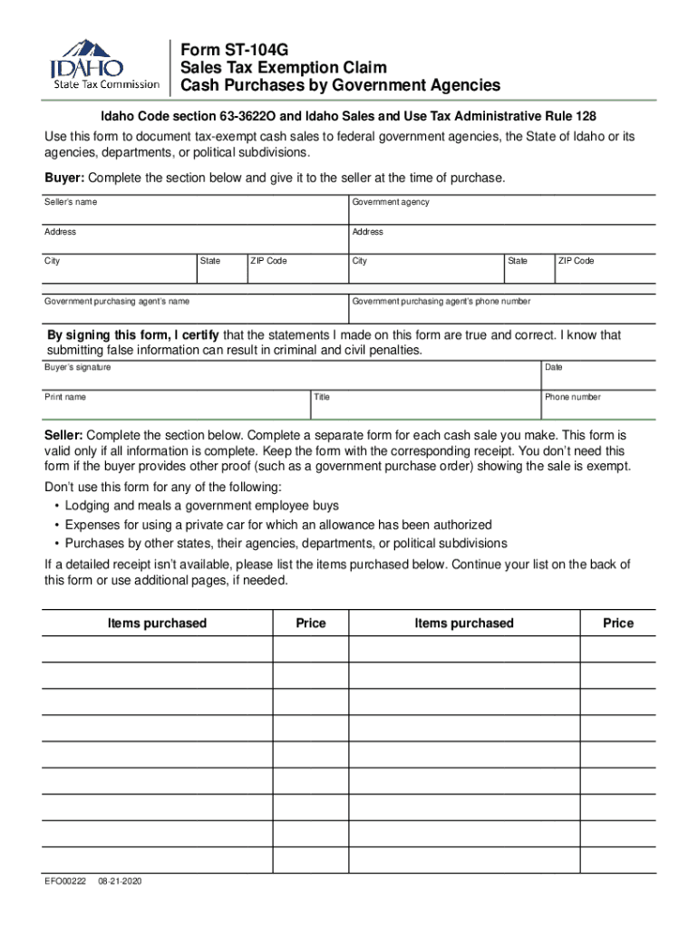 Get and Sign Form ST 104G, Sales Tax Exemption Claim Cash Purchases by