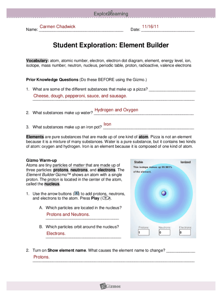 Element Builder Gizmo Answer Key  Form