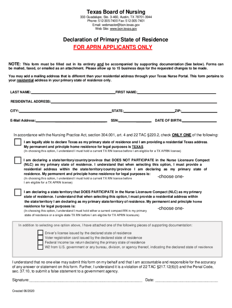  Declaration of Residence Form 2020-2024