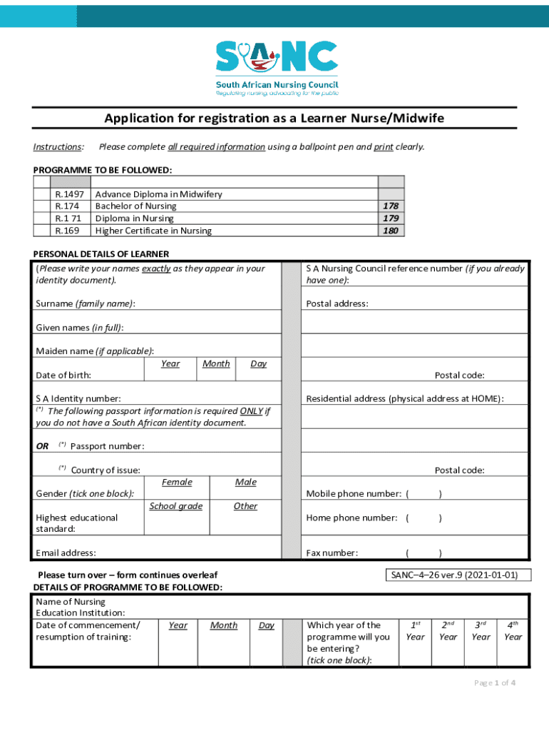 SANC 4 26 Learner Application  Form
