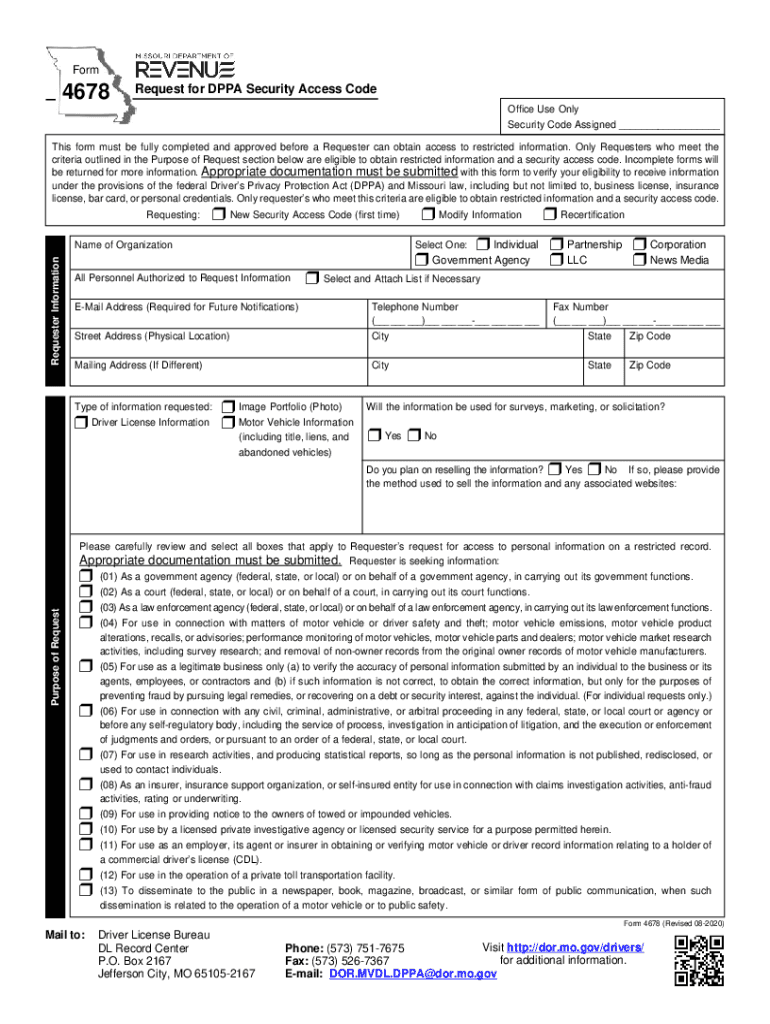 PDF Form 4678 Request for DPPA Security Access Code Missouri