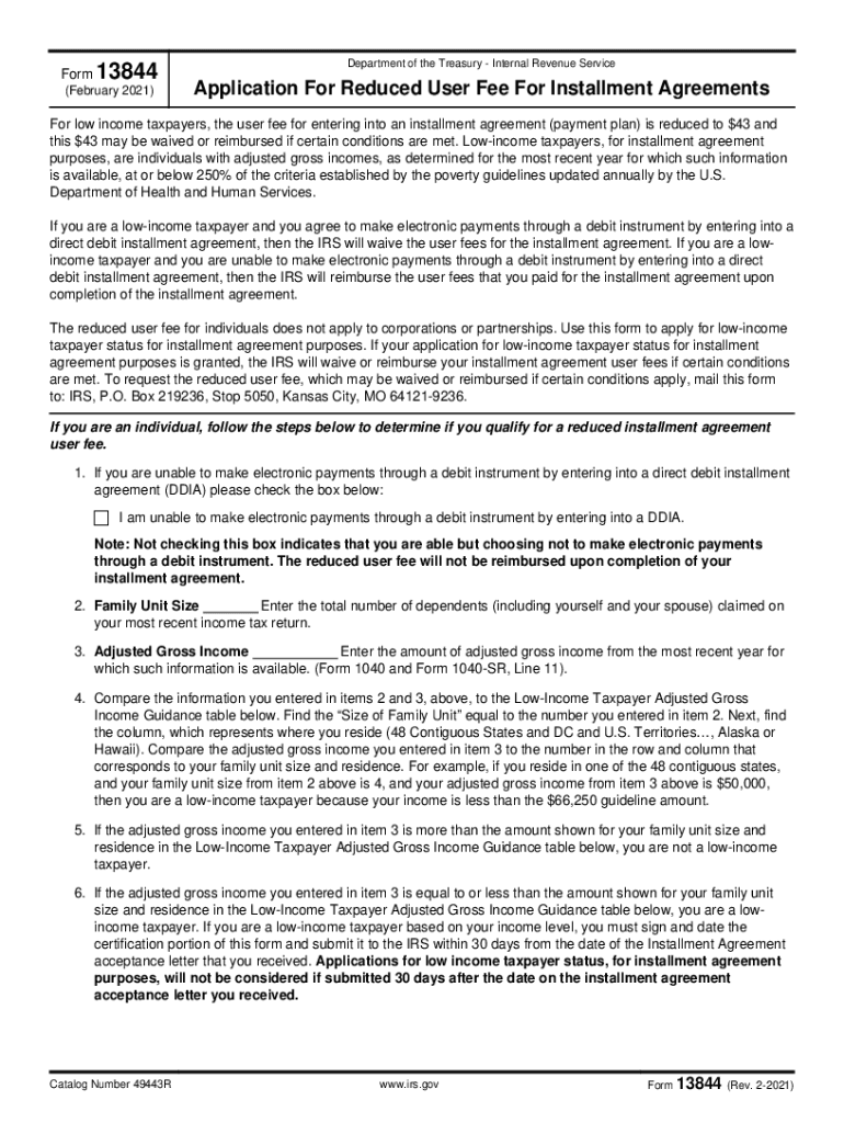 Form 13844 Rev 2 Application for Reduced User Fee for Installment Agreements