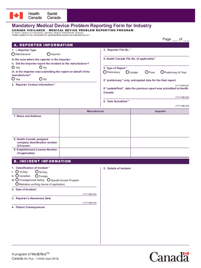  Mandatory Medical Device Problem Reporting Form for Industry 2018-2024