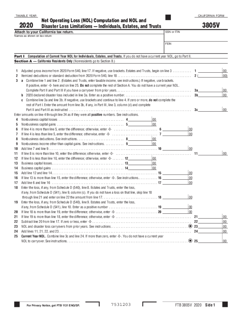  Form 3805V, Net Operation Loss NOL Computation and NOL 2020