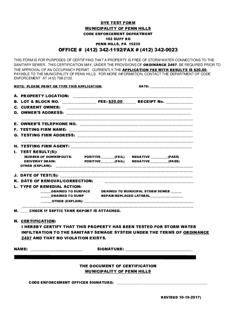 Penn Hills Dye Test  Form