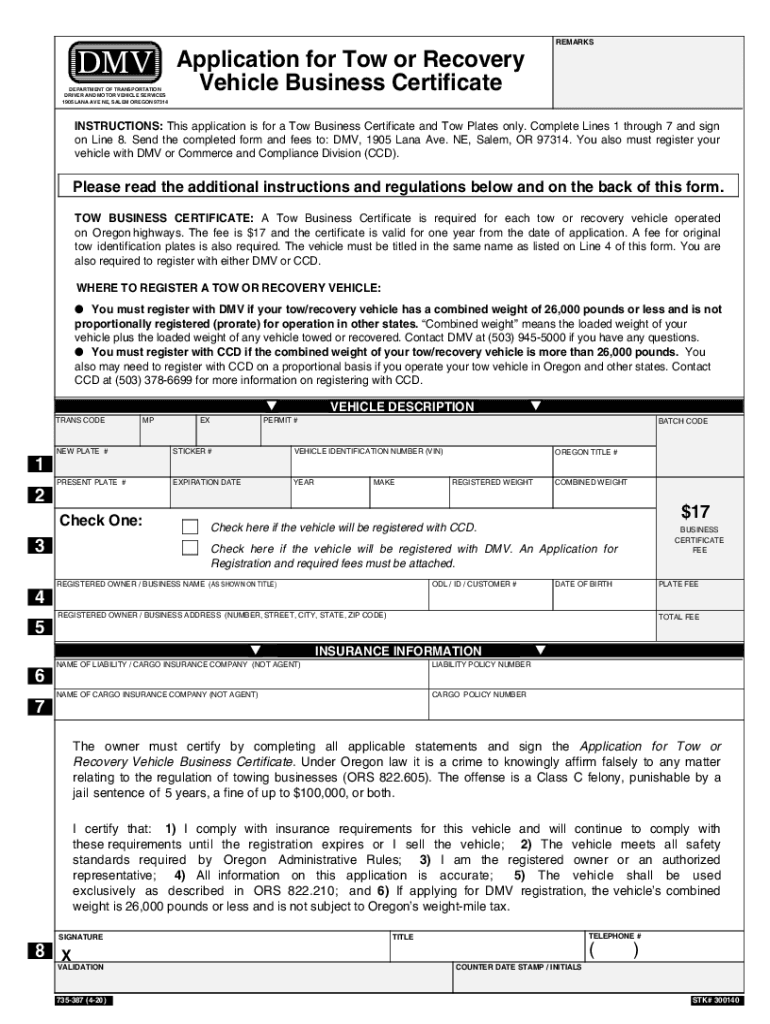  Application for Tow or Recovery Vehicle Business Certificate 2020