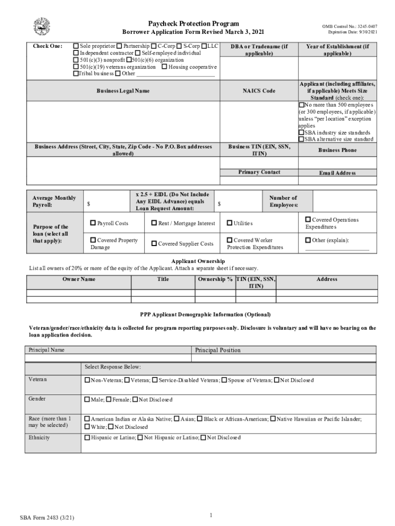  Paycheck Protection Program OMB Control No 3245 0407 2021-2024