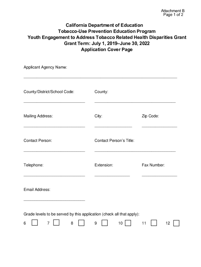 Application Cover Sheet Youth Engagement to Address Tobacco Related Health Disparities Grant  Form