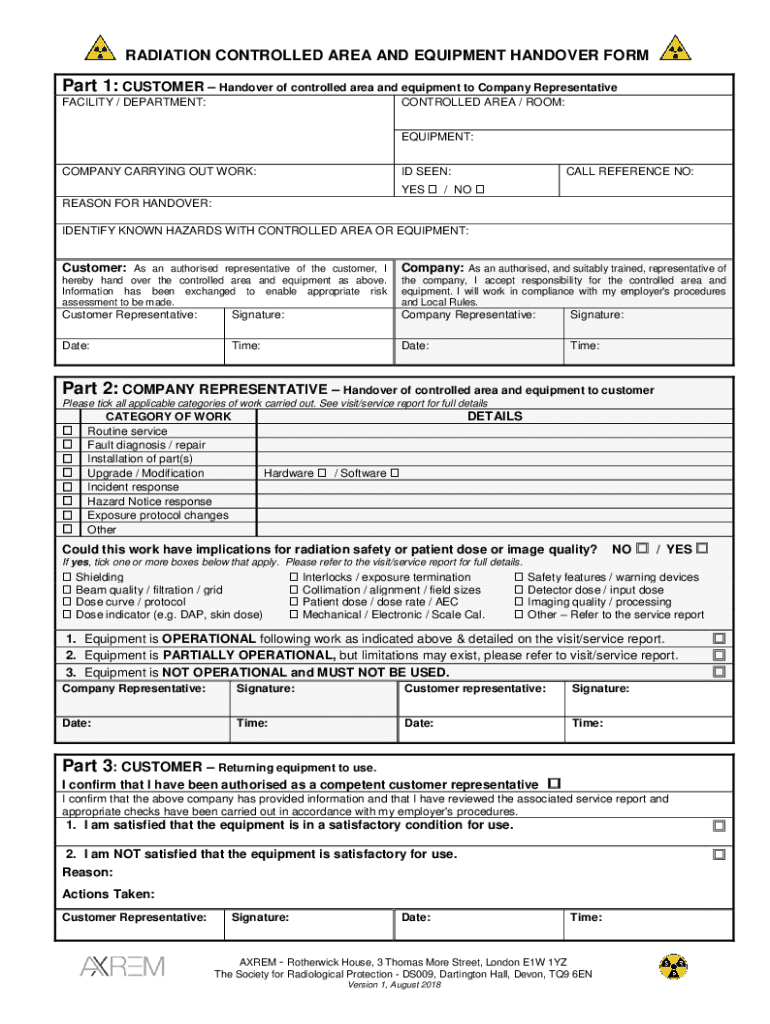 RADIATION CONTROLLED AREA and EQUIPMENT HANDOVER F  Form