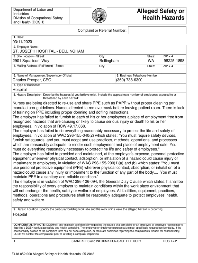 Safety Complaints Washington State Department of Labor  Form