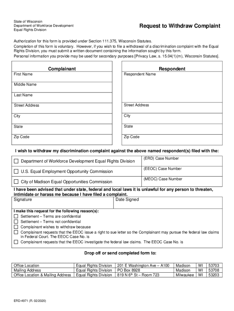 ERD 4971, Request to Withdraw Complaint This Form is Used to Withdraw a Civil Rights Complaint