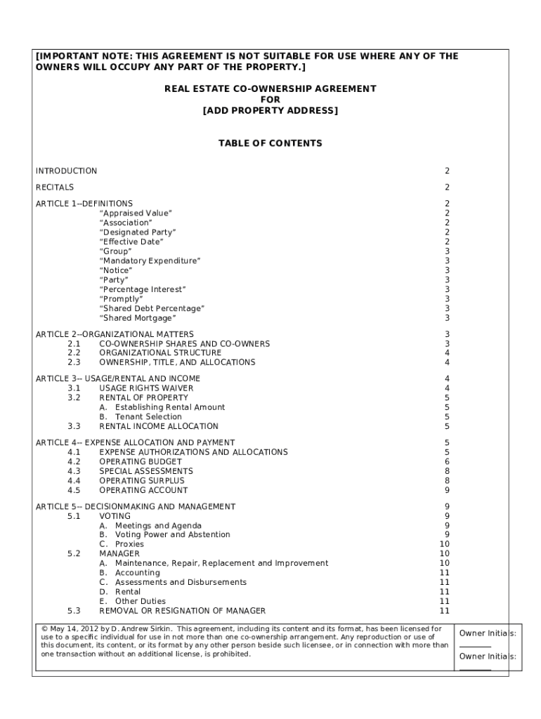 Sample Property Co Ownership Agreement for Two Parties Investing Together  Form