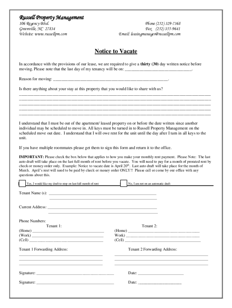 Current Rental Residents Russell Property Management  Form