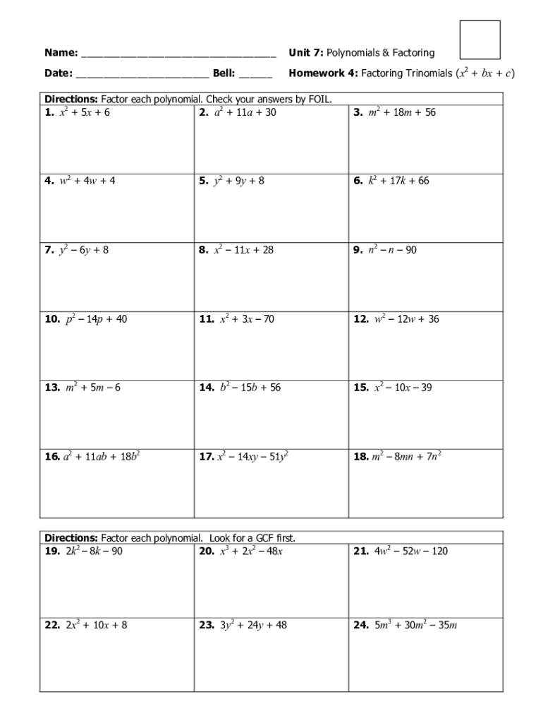 Unit 7 Polynomials and Factoring Homework 8 Answer Key  Form