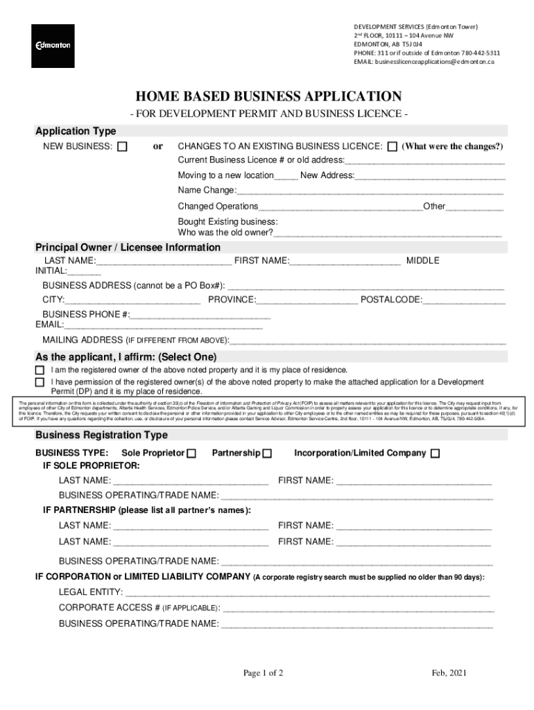 Fillable Online Edmonton Home Based Business Application Form