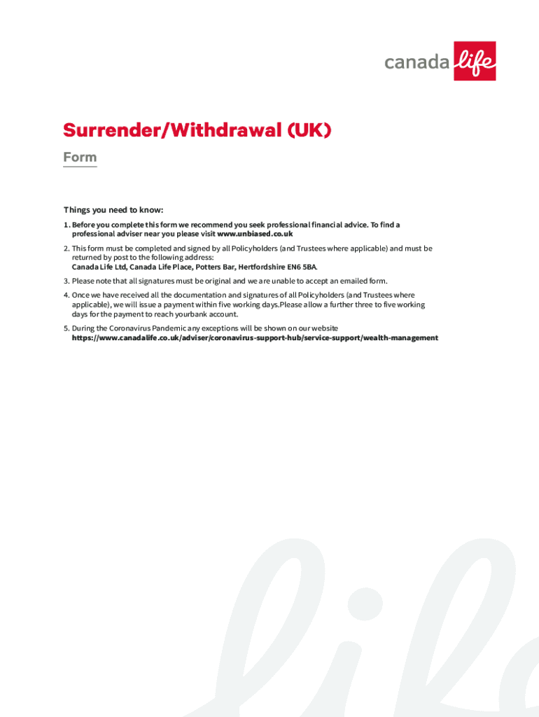 Fillable Online SurrenderWithdrawal Form Canada Life Fax Email