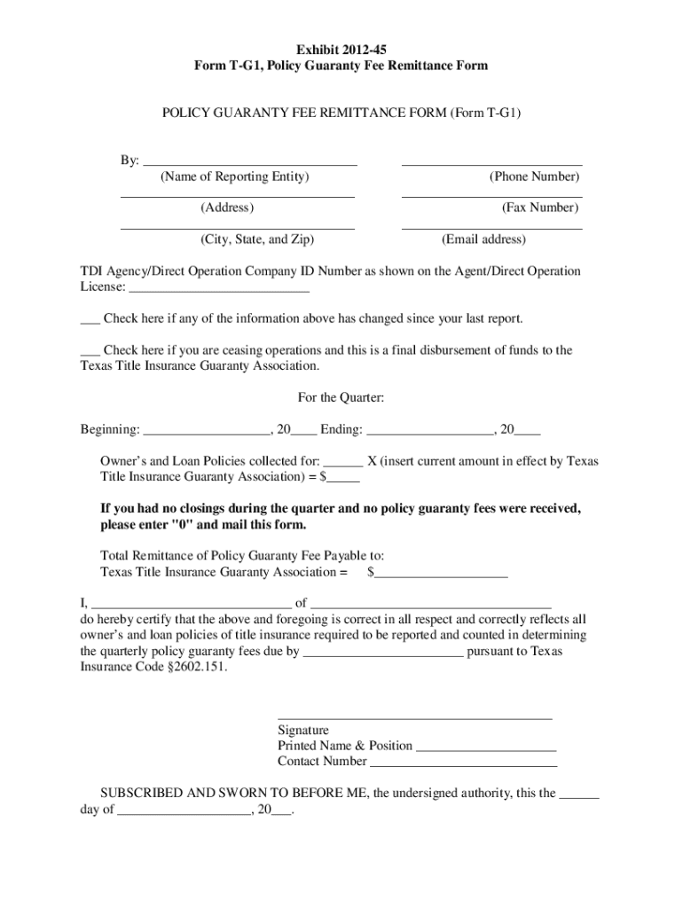 T G1, Policy Guaranty Fee Remittance Form Texas