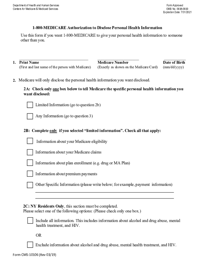  CMS10106 1 800 MEDICARE Authorization to Disclose Personal Health Information Form 2019-2024