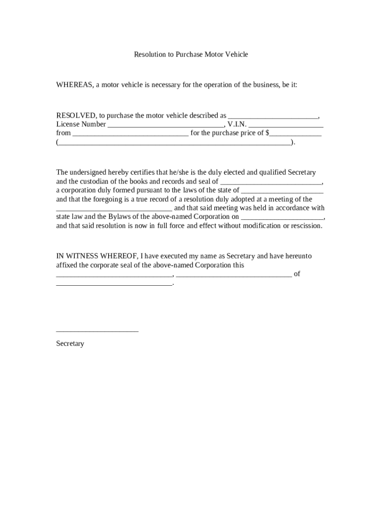 Corporate Resolution to Purchase Vehicle  Form