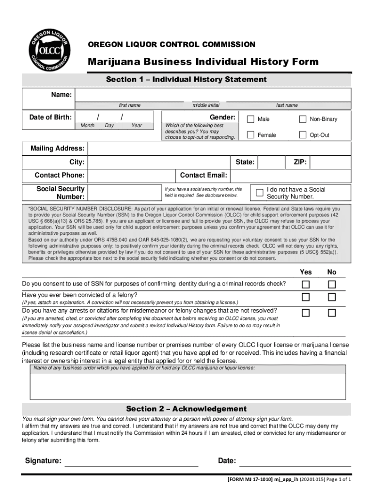  Marijuana Business Individual History Form 2020