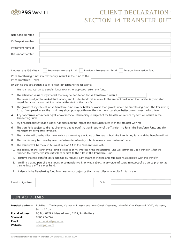 ZA PSG Wealth Client Declaration Section 14 Transfer Out  Form