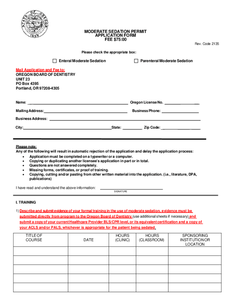  Moderate Sedation Permit Application State of Oregon 2020-2024