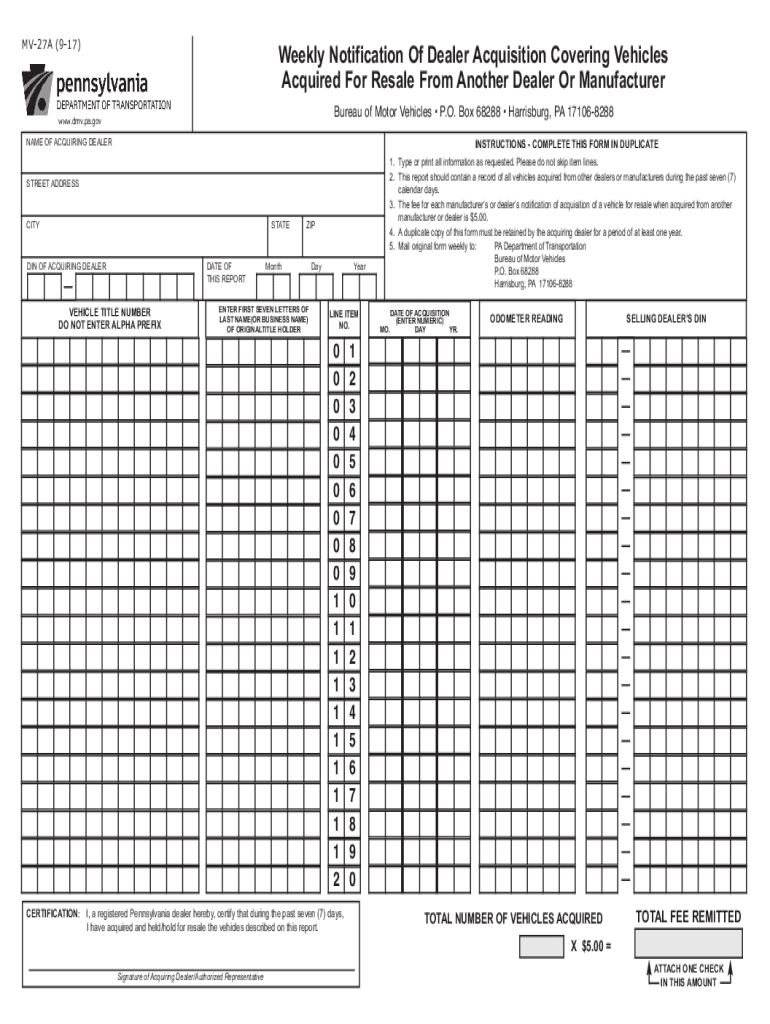  PennDOT Form MV 27A 2017-2024