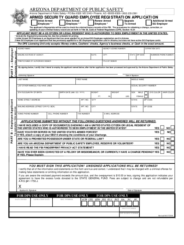 PDF Armed Security Guard Application Arizona Department of Public  Form