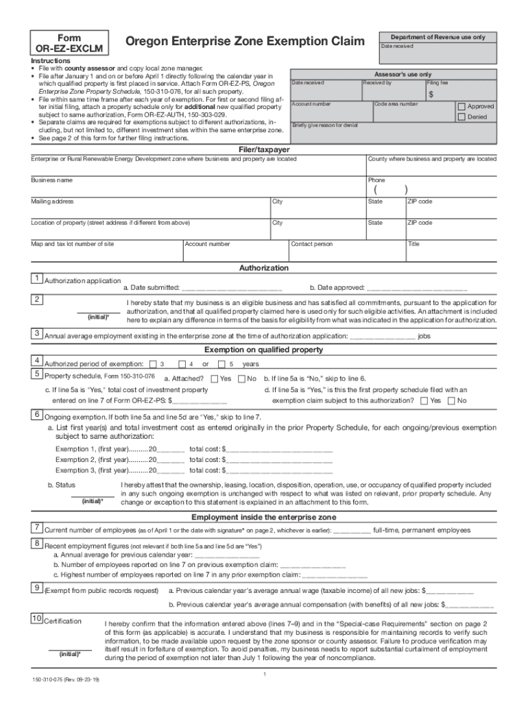  Form or EZ EXCLM, Oregon Enterprise Zone Exemption Claim Form 2019-2024